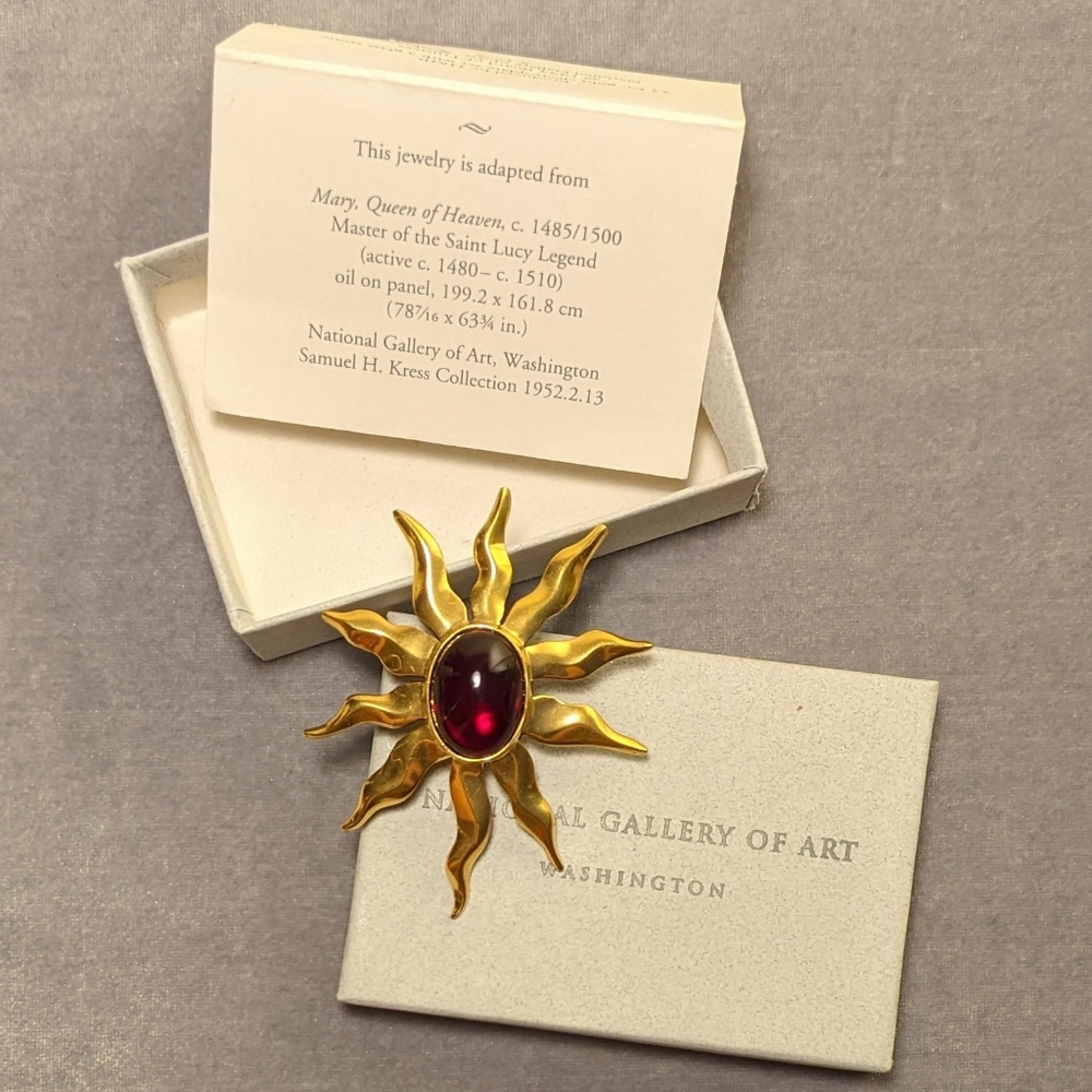 Vintage National Gallery of Art Gold Tone & Red Glass Cabochon Sun Brooch - NWT